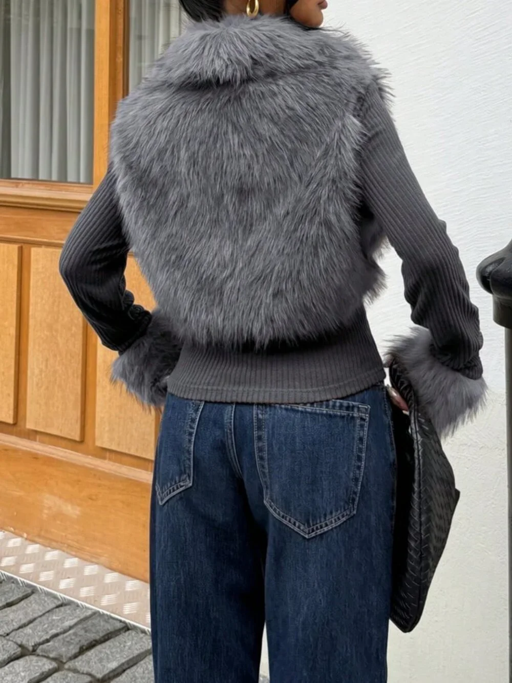 Dark Grey Casual Women's Street Style Faux Fur Zip-Up Long Sleeve Jacket